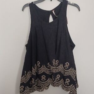 Free People Black and Cream Embroidered Tank Top